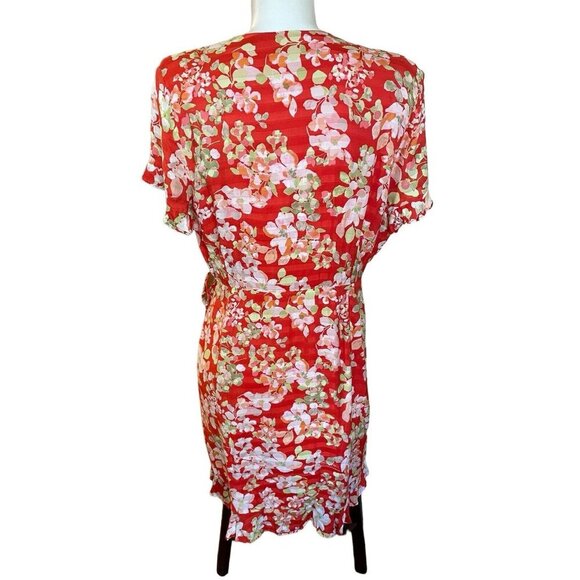 J. Jill Coral Green Floral Ruffled True Wrap Dress Women's Size Medium - Picture 5 of 7
